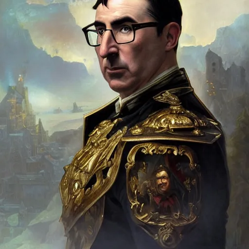 Prompt: portrait of stoic looking john oliver as the vigo carpathian painting, military uniform, fantasy, intricate, elegant, highly detailed, centered, dark, smokey, digital painting, artstation, concept art, smooth, sharp focus, illustration, art by artgerm and greg rutkowski and alphonse mucha