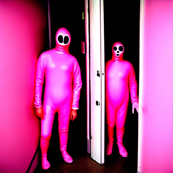 Image similar to a man in a pink morphsuit in a well - lit plain white hallway, double doors, orange eyes, linoleum floor, 3 5 mm, film shot, nightmare, horror