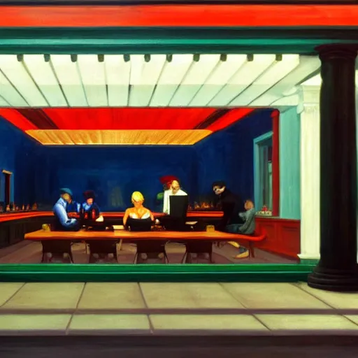 Image similar to a modern dining room design in the style of the nighthawks by edward hopper using unreal engine trending on artstation