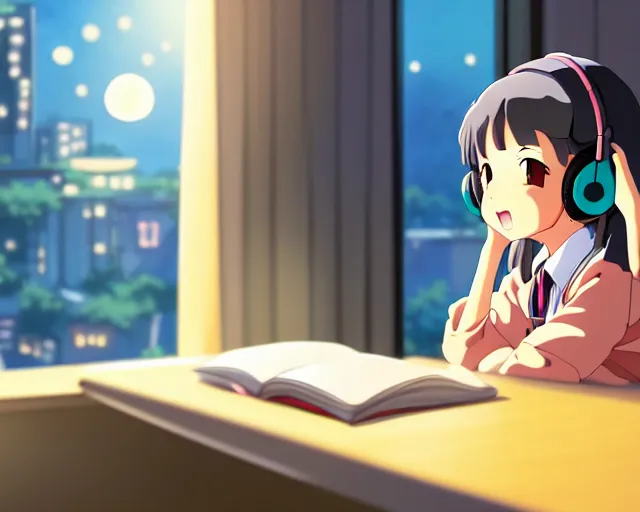 Image similar to anime fine details portrait of joyful school girl in headphones studying near monitor in her room at the table, evening, lamp, lo-fi, open window, dark city landscape on the background deep bokeh, profile close-up view, anime masterpiece by Studio Ghibli. 8k, sharp high quality anime