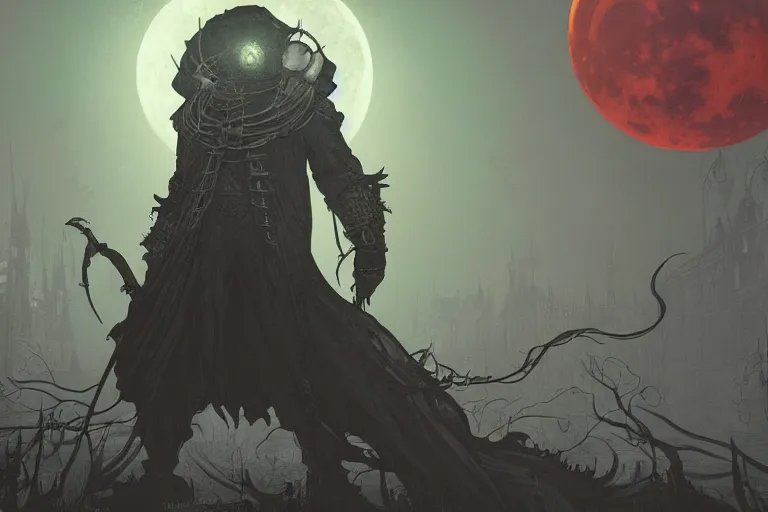 Image similar to an ultra detailed vector image of a big daddy in the style of bloodborne, concept art by alphonse mucha and greg rutkowski, scary shadows, blood moon eclipse, octane render, liminal space