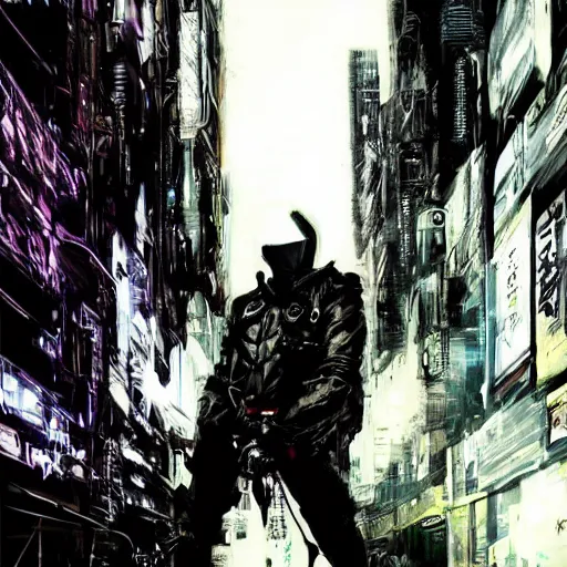 Prompt: futuristic cyberpunk traveler skull wearing black hood looking down by Yoji Shinkawa