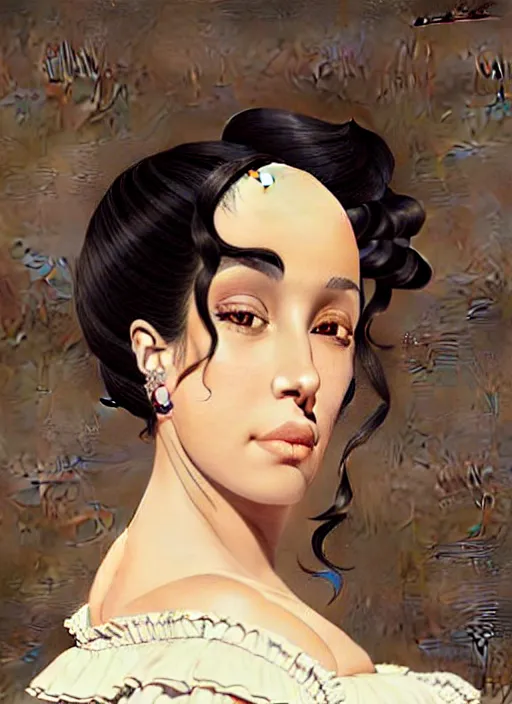 Image similar to a portrait of a young hispanic woman with a crooked nose in victorian clothing, confident pose, intricate, elegant, sharp focus, illustration, highly detailed, concept art, matte, trending on artstation, anime, art by james jean and artgerm and brian despain and alberto mielgo, greg rutkowski, wlop, ilya kuvshinov, strong strokes