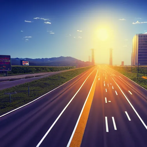 Image similar to of a advertisement with a scene of a highway with words written on the road in front of the viewer, occlusion shadow, specular reflection, rim light, unreal engine, octane render, artstation, high quality, intricate detailed 8 k, sunny day