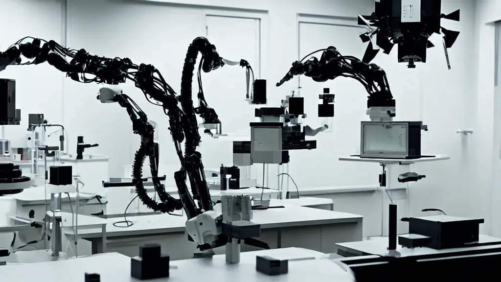 Image similar to a complex bifurcated robotic cnc surgical arm hybrid mri 3 d printer machine making black and white ceramic mutant forms in the laboratory inspection room, film still from the movie directed by denis villeneuve with art direction by salvador dali, wide lens