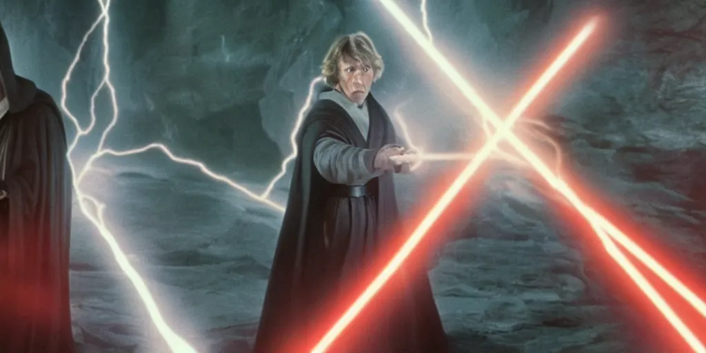 Image similar to screenshot of a dark sith lord in a robe with electricity fighting Luke Skywalker, on a planet of maelstrom,, chaos, the world without form and void, 1970s film by Stanley Kubrick, iconic scene, stunning cinematography, hyper detailed, sharp, anamorphic lenses, kodak color, 4k, stunning