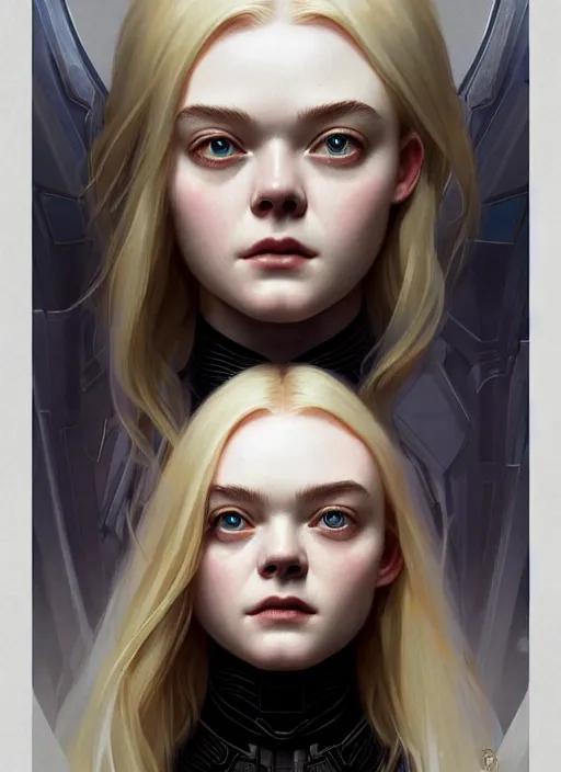 Image similar to symmetry!! portrait of elle fanning in halo 2, horror, fashion, dark!! intricate, elegant, highly detailed, digital painting, artstation, concept art, smooth, sharp focus, illustration, art by artgerm and greg rutkowski and alphonse mucha