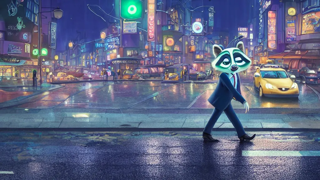 Image similar to A cute anthropomorphic raccoon businessman is walking down a busy crosswalk at in the rain at night, cold lighting with an blue glow coating the cityscape from the city lights, zootopia, other anthropomorphic characters are walking by him, extremely detailed, HDR, sideview, solemn and moody, many cars and animal people in the background, detailed face and eyes, large eyes with visible pupils, the road is wet with many rain puddles, reflections from the water on the ground, he is carrying a black briefcase, depressing feelings, sadness, expressive face