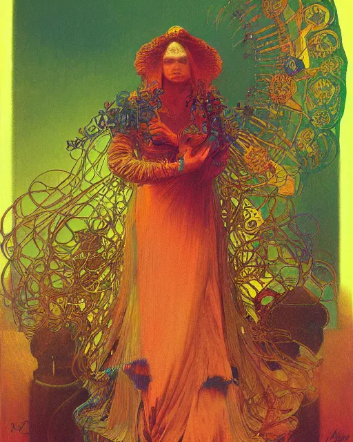 Prompt: rainbow flowerpunk portrait of a strict matriarch by paul lehr, beksinski, alphonse mucha