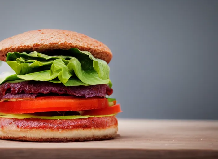 Image similar to dslr food photograph of a square hamburger, 8 5 mm f 1. 8