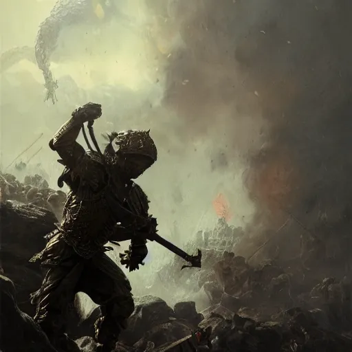 Prompt: dragon scale impaling a soldier, 8 k octane beautifully detailed render, post - processing, extremely hyper - detailed, intricate, epic composition, cinematic lighting, masterpiece, trending on artstation, masterpiece, stunning art by anders zorn, wonderful masterpiece by greg rutkowski, beautiful cinematic,