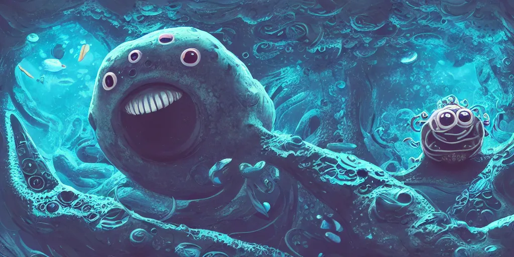 Image similar to of an intricate deep sea with strange cute friendly happy creatures with huge eyes, long tongue, round teeth and goofy funny face, appearing from the background, in the style of gehry and gaudi, macro lens, shallow depth of field, ultra detailed, digital painting, trending artstation, concept art, illustration, cinematic lighting, photorealism, epic, octane render