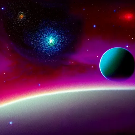 Image similar to oil on canvas of a beautiful a new undiscovered alien planet. ethereal, strange multicoloured. beautiful. mysterious. intricately detailed. meticulously rendered. epic. 4 k hd. trending on art station. epic starlit sky with moons background. astrophotography. in style of. greg rutkowski. glitter. h 6 4 9