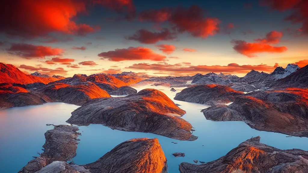 Image similar to amazing landscape photo of greenland in sunset by marc adamus, beautiful dramatic lighting