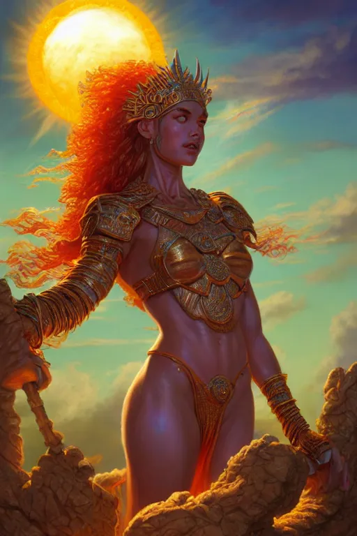 Prompt: a humanoid female god of the sun, highly detailed, d & d, fantasy, hyper detailed, digital painting, trending on artstation, apollo, concept art, sharp focus, illustration, highly saturated colors, art by artgerm and magali villeneuve and greg rutkowski and michael whelan, cryengine, 8 k realistic atmospheric lighting, frostbite 3 engine