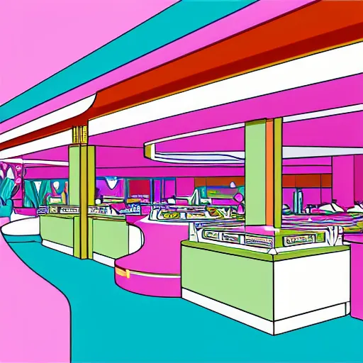 Image similar to art deco vaporwave illustration of a mall food court in pastel colors