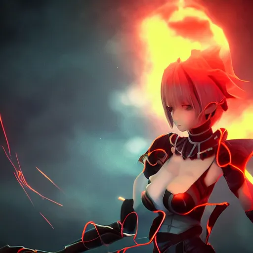 Prompt: portrait focus of a very hot!!! demon 3D anime girl, Obsidian armor wearing, dark volcano background, ash falling, {perfect face}, bokeh, inspired by Masami Kurumada, digital painting, high contrast, unreal engine render, volumetric lighting, high détail