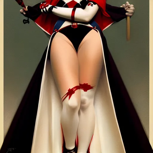 Image similar to Harley Quinn as a nun, dark fantasy, medium shot, intricate, elegant, highly detailed, digital painting, volumetric light, artstation, concept art, smooth, sharp focus, illustration, art by Gil Elvgren and Greg Rutkowski and Alphonse Mucha