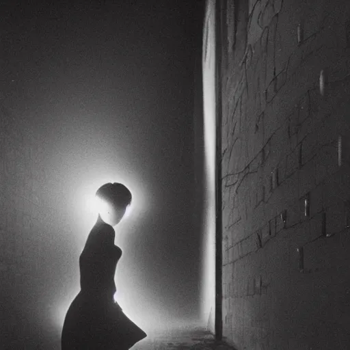 Image similar to foggy neon night, sayaka isoyama leaning back against a wall in a black minidress smoking a cigarette outside a neon lit entrance, 1 9 7 0 s, intricate, moody, tasteful, intimate, highly detailed, short focus depth, artgerm, daido moriyama
