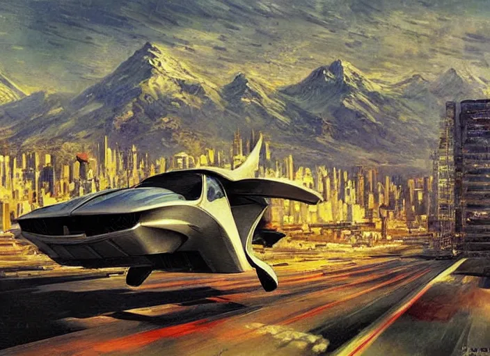 Prompt: illustration of a flying car crossing at full speed between buildings in futuristic santiago de chile with the andes mountain range in the background in a dystopian future by john berkey and monet