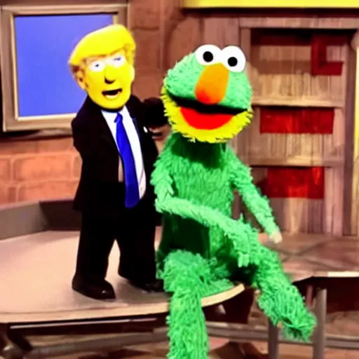 Image similar to Donald Trump as a puppet on Sesame Street, tv show, kids, funny,