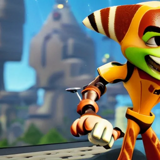 Prompt: In Ratchet & Clank, Ratchet eats a burger