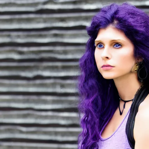 Image similar to a woman with long wavy purple hair, blue eyes and strong cheek bones. she's wearing a black t - shirt, sleeveless jean vest and a black choker