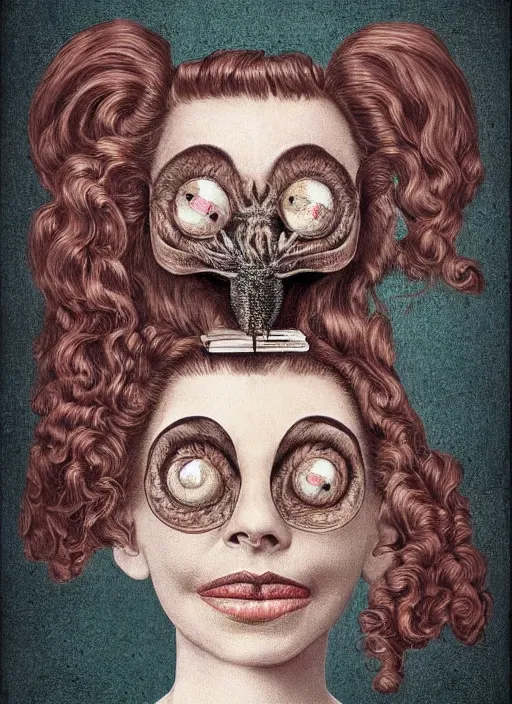 Image similar to surreal portrait of a creature with the body of a 1950's school-girl and whose head is a tarantula, inspired by Mark Ryden and Marion Peck, hints of Cronenberg