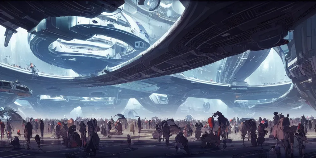 Prompt: the interior of a futuristic spaceport, large crowd of people in the foreground, by kim jung gi and greg rutkowski, rule of thirds