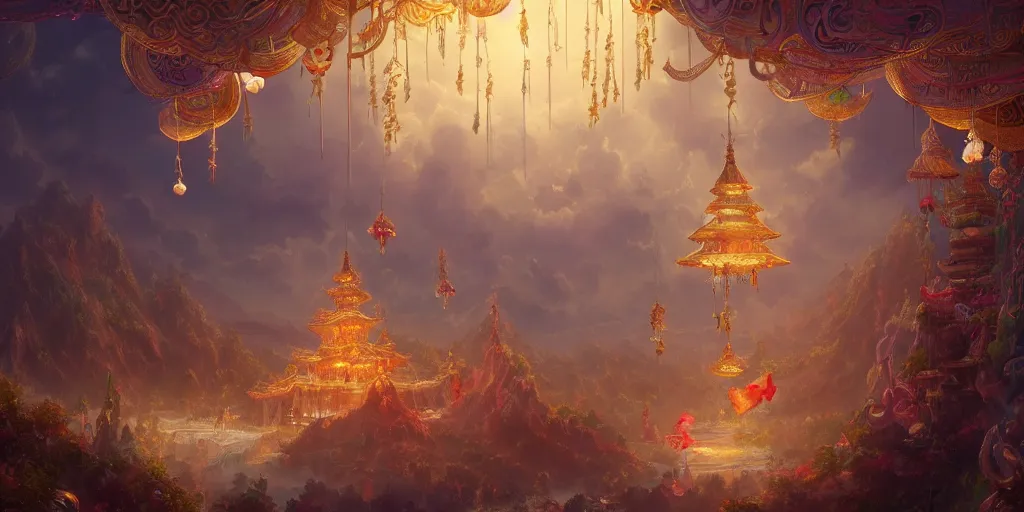 Image similar to painting of a god of wind enjoying his ornate heavenly palace, decorated with windchimes and paper lanterns, stunning nature in background, cinematic, 8 k, hyper detailed, digital art trending on artstation