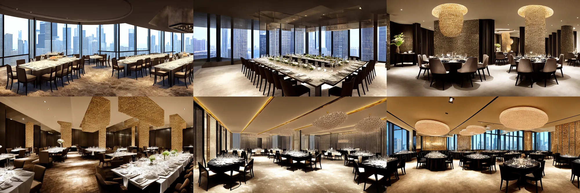 Prompt: premium dinner hall design, made of rare earth minerals, chicago, shanghai, penthouse