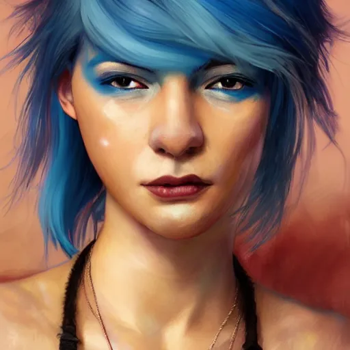 Image similar to epic portrait an punk woman with blue hair and a white tank top, beauty, pretty face, glossy skin, digital painting, artstation, concept art, soft light, hdri, smooth, sharp focus, illustration, fantasy, intricate, elegant, highly detailed, D&D, matte painting, in the style of Greg Rutkowski and Alphonse Mucha and artemisia, 8k, highly detailed, jurgens, rutkowski, bouguereau, pastoral, rustic, georgic, detailed concept art, illustration, colorful pastel, painting, detail, ultra detailed, digital art, 4K,