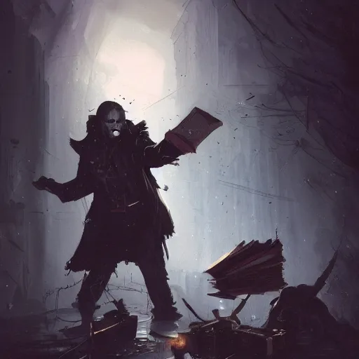 Prompt: paranormal investigator fighting off cultists with a magic grimoire, horror, digital painting, artstation, concept art, by greg rutkowski