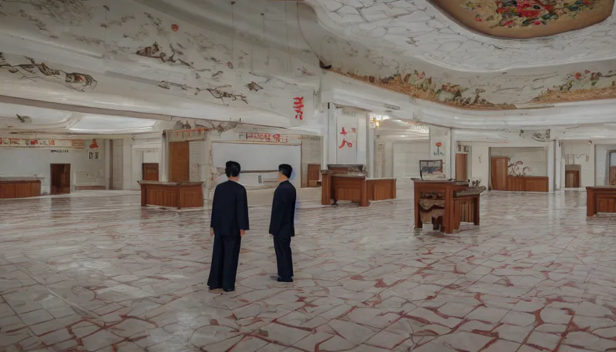 Prompt: 2020s movie still of empty north-korean royal restaurant palace, Leica SL2 50mm, high quality, higly detailed