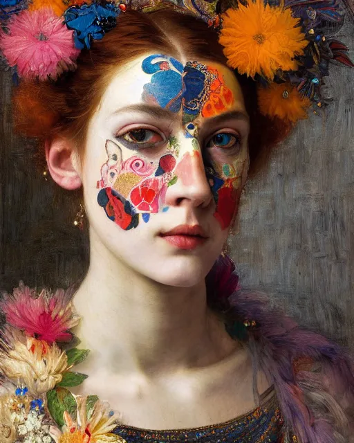 Image similar to a beautiful girl wearing colourful face paint surrounded by bright intricate patterns, by edgar maxence and caravaggio and michael whelan, intricate painting, hyper realistic, extremely detailed and beautiful aesthetic face, 8 k resolution