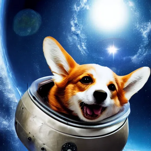 Image similar to a corgi in a space helmet floating in outer space