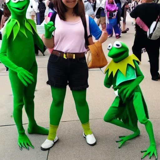 Image similar to kermit the frog cosplayers at a cosplay meet up in a anime convention