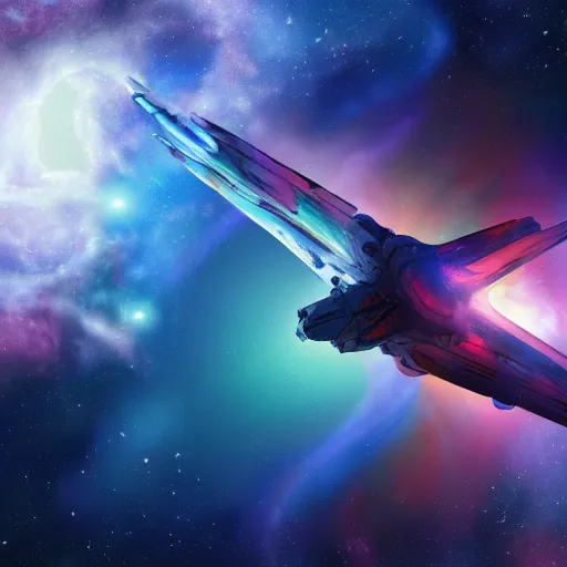 Image similar to a digital painting of a spaceship flying through a beautiful nebula, 8K, trending on art station, realistic, award winning