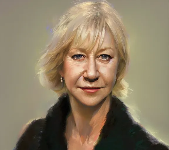 Prompt: a hyper-detailed portrait of Helen Mirren by Craig Mullins; oil on canvas; trending on artstation