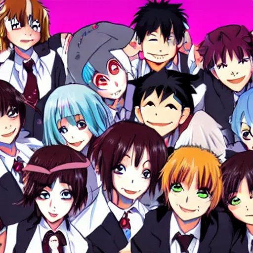 Image similar to there were eight anime people, no more than eight. Less than nine but more than seven, eight eight eight, 2 girls 6 guys