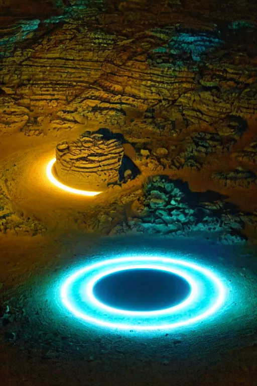 Image similar to a luminous circular stargate in the desert through which a jungle is visible