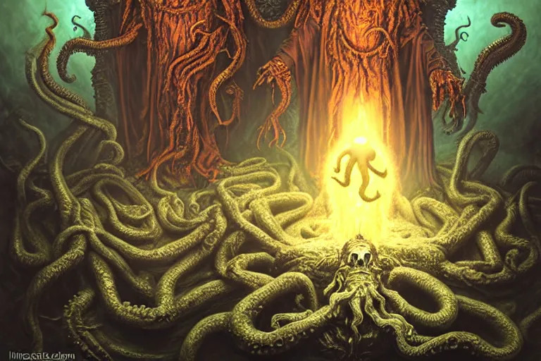 Image similar to hype realistic photorealistic hyperdetailed detailed group circle of pope priest necromancer invoking a in front of a cthulhu within a viscosity fluid lovecraft portal, wide - angle portrait, atmospheric lighting, intricate, volumetric lighting, rich deep colors masterpiece, ultra detailed, leesha hannigan, ross tran, thierry doizon, kai carpenter, ignacio fernandez rios