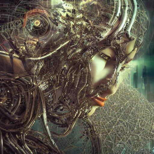 Image similar to cybernetic demon dreaming the destruction of reality with its highly networked mind, lsd, circuitry, intricate detail, royo, whealan, giger, klimt, hd, octane render, unreal engine,