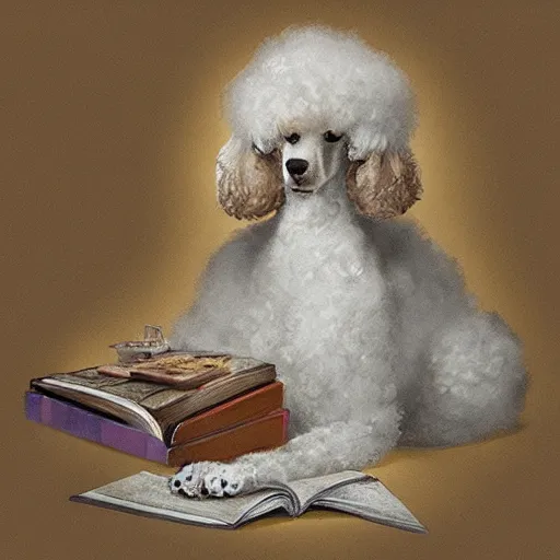 Image similar to “portrait of a poodle reading a book, artstation, high detailed”