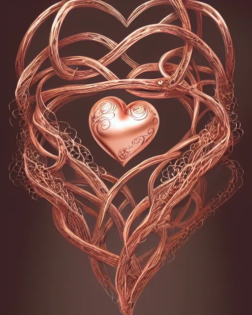 Prompt: rose gold heart, wrapped in vines, vray, machine face, intricate, elegant, highly detailed, digital painting, artstation, cgsociety, concept art, smooth, sharp focus, illustration, yoshitaka amano, art by camille corot and karol bak and kim tschang yeul, 8 k