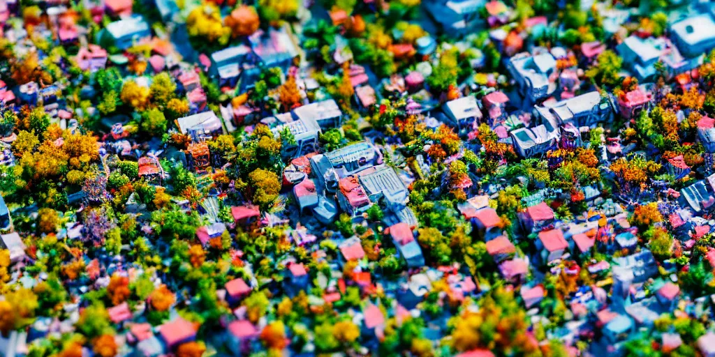 Image similar to macro photo of a miniature solarpunk city, canon 8 0 d, canon 1 0 0 mm f / 2. 8, bright sunlight, sun glints, vivid and colorful trees and plants and flowers, 4 k,