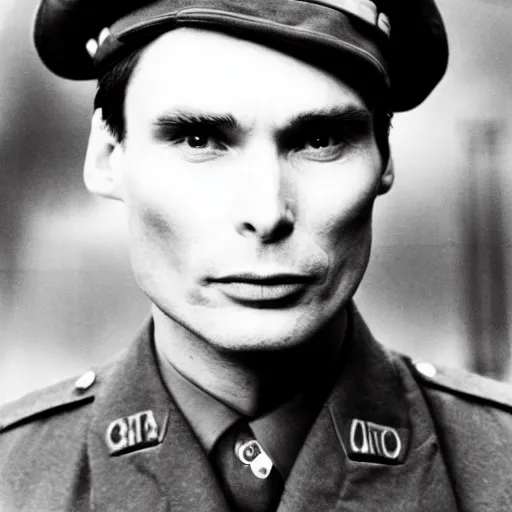 Image similar to cillian murphy in a world war ii uniform, black and white film photography, realistic face, cabinet card, 2 5 mm lens, cinematography by chris nolan