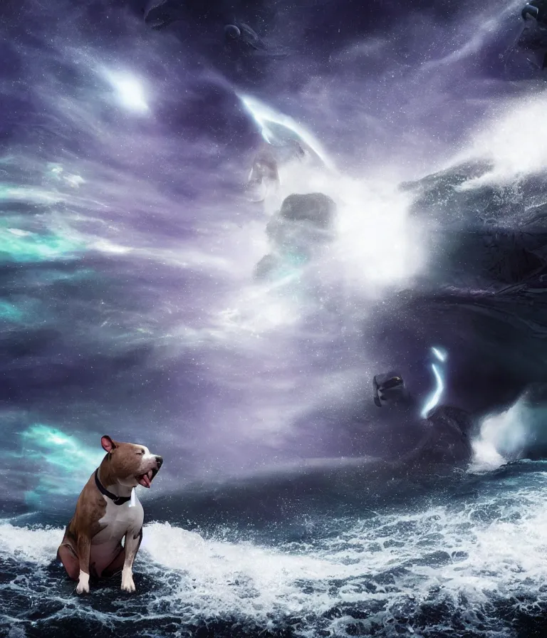 Prompt: photo of a dark gray coat pit bull with a white paws and a white nose!, surfing on a surfboard in a crashing wave of alien ocean in space, background is an alien galaxy, aliens in the background, alien colors, octane render, unreal engine, wide view, 8 k, highly detailed