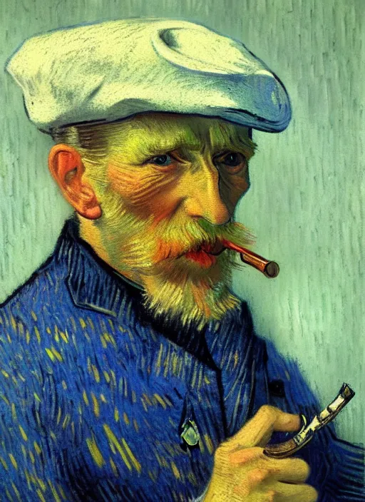 Prompt: portrait of a very old sailor with a pipe, detailed realism face in painting, detailed beautiful portrait, expressionist oil painting masterpiece, 8 k resolution, smooth, sharp focus, pastel color palette, trending on artstation, by van gogh