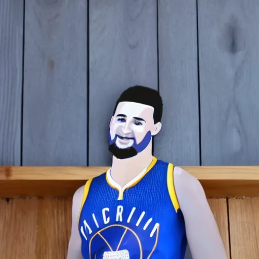 Prompt: stock photo of klay thompson troll doll on a wooden shelf